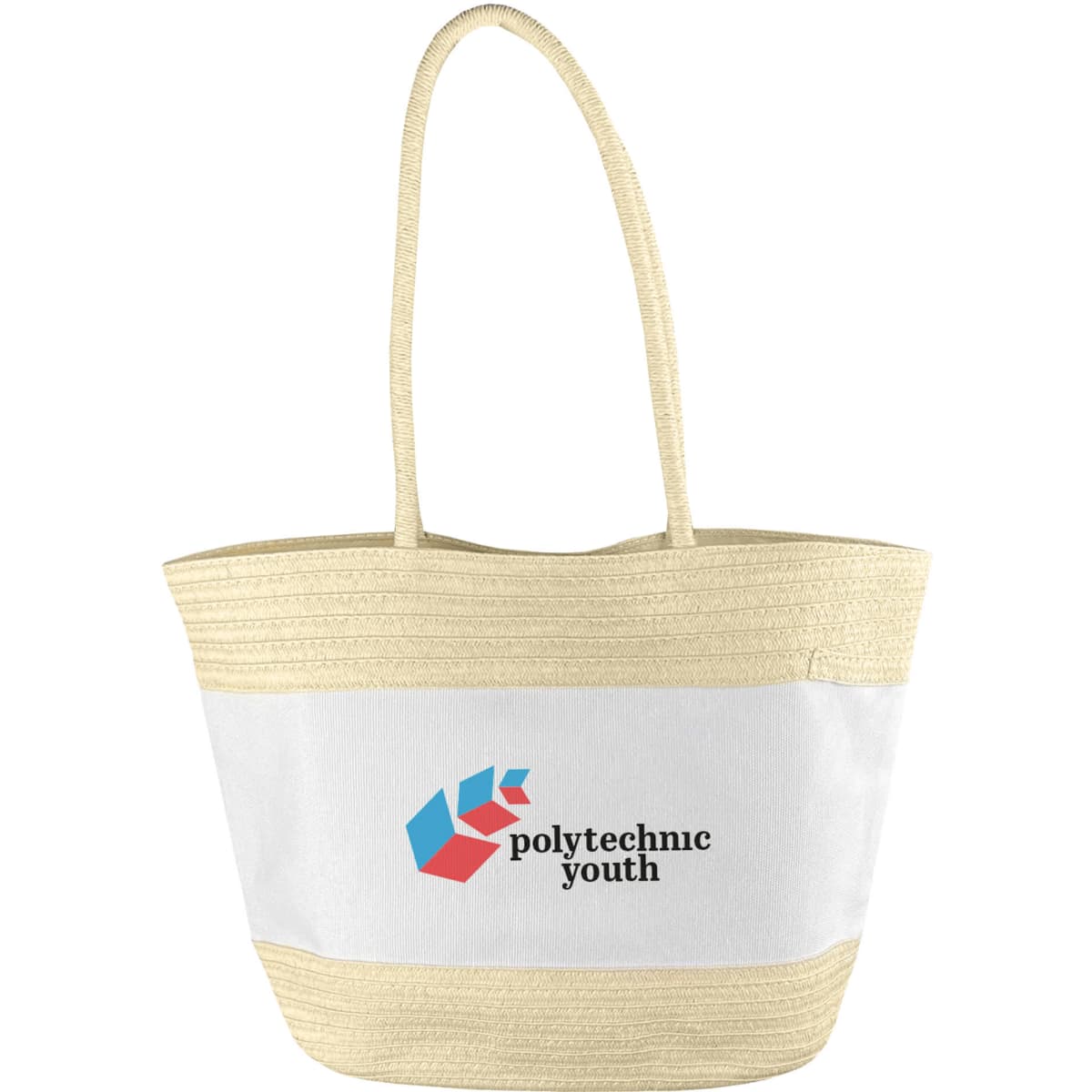 A patterned paper tote bag in cream and beige with a logo printed on the front. It features two sturdy handles.