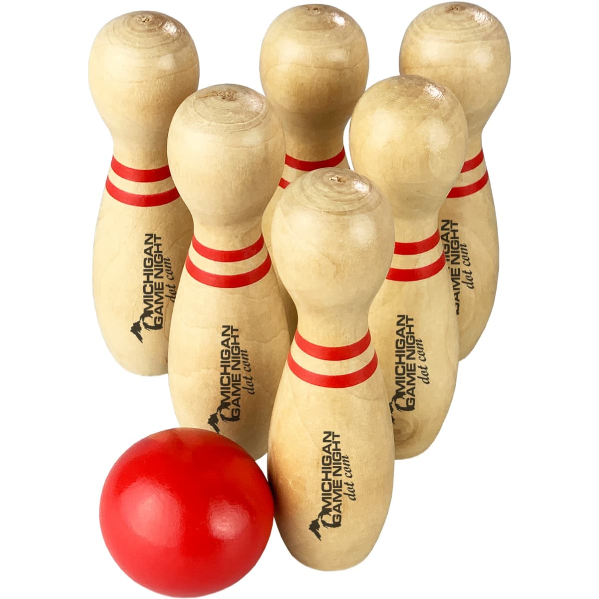 A wooden bowling set featuring six pins with red stripes and a red bowling ball. The set includes a logo.
