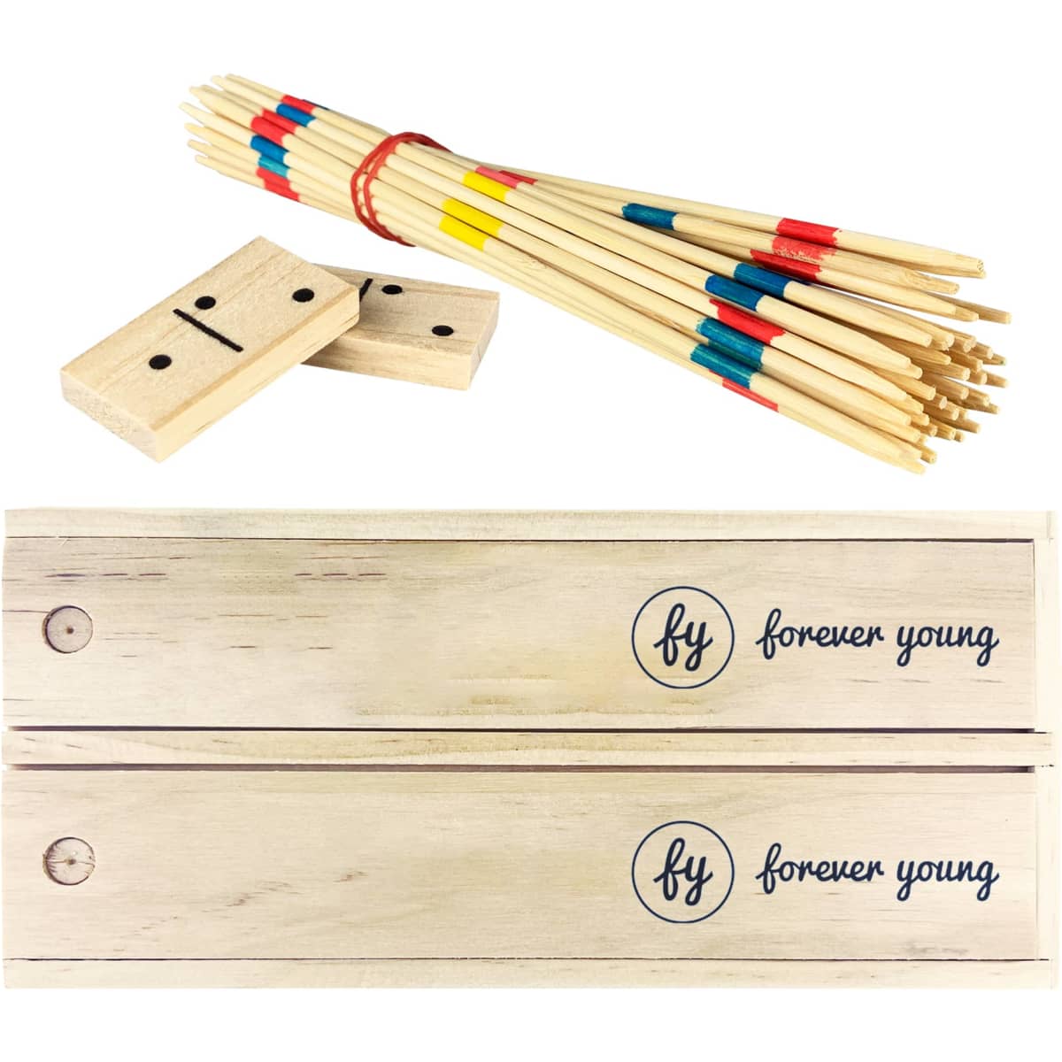 A wooden play set featuring colourful pick-up sticks and a set of dominoes, all in a natural wood finish.