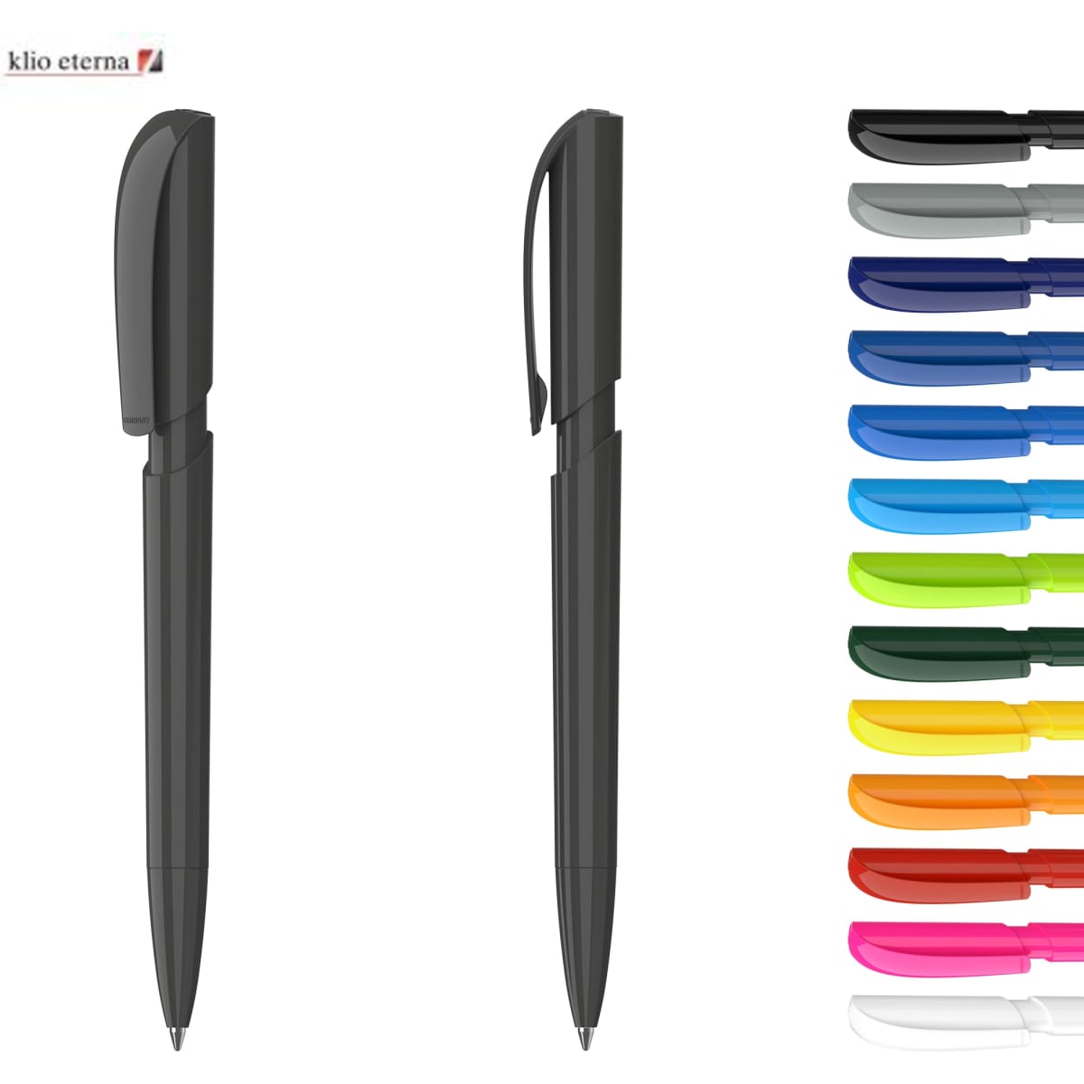 A collection of plastic pens in various vibrant colours, featuring a sleek high gloss design. Each pen has a clip and branding.