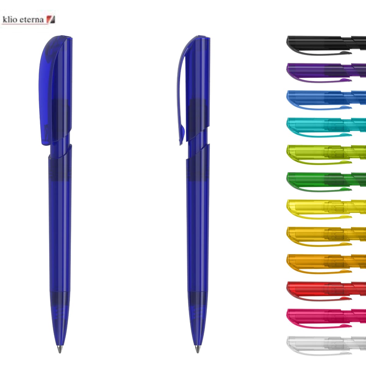 A blue transparent plastic pen with a clip, alongside a variety of other coloured pens in different shades.