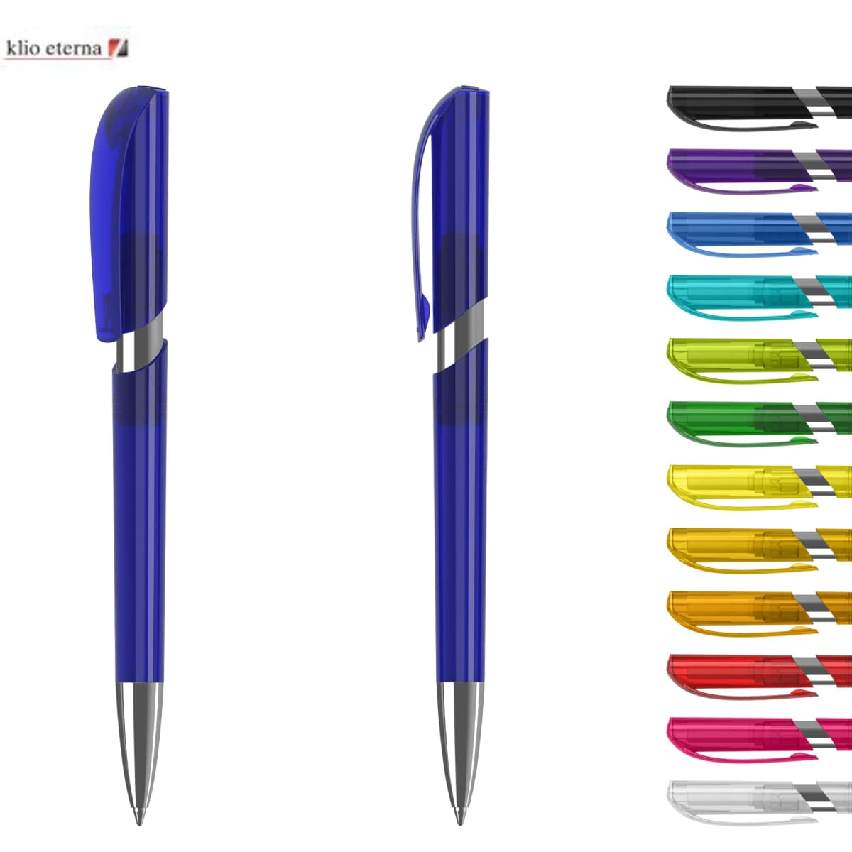 A blue plastic pen with a silver clip, alongside a selection of brightly coloured pens in various shades.