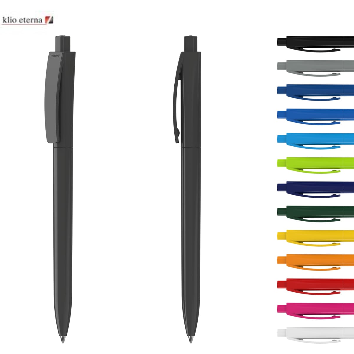 A set of plastic pens in various colours, featuring a shiny finish and a clip on the side. The main pen is black.