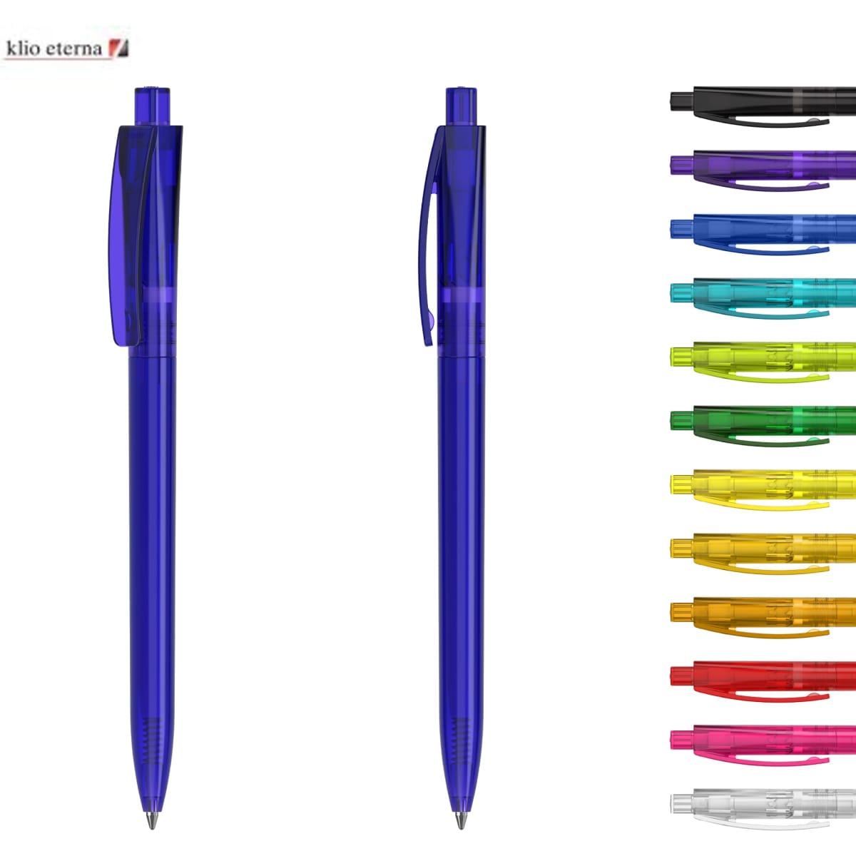 A collection of transparent plastic pens in various colours, including blue, black, green, yellow, and purple, with branding.