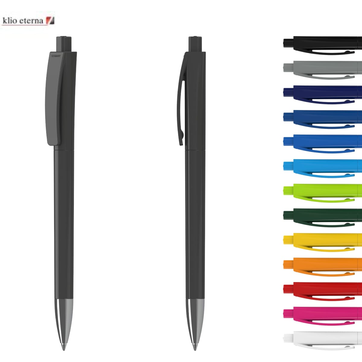 A collection of plastic pens in various colours, featuring a sleek design and a branding logo.