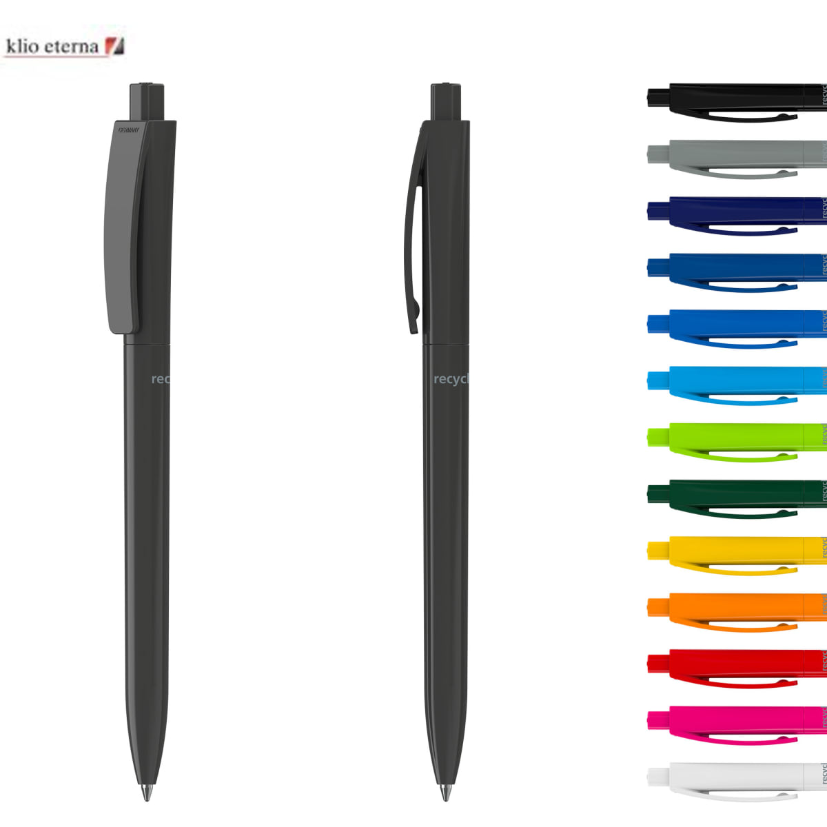 A set of plastic pens in various colours, with a sleek design and a logo on each pen.