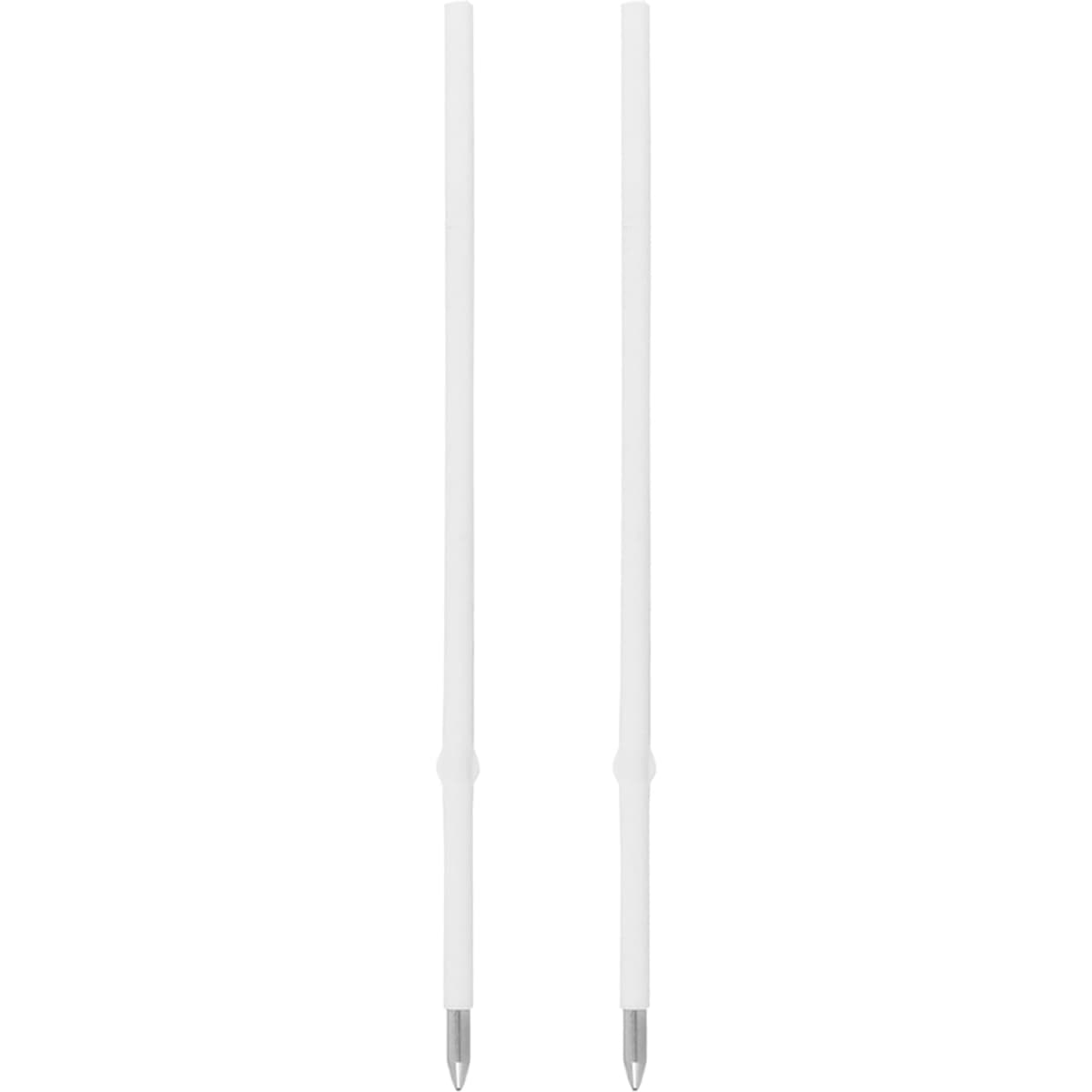 Two white plastic cross-type refills with silver tips, featuring a simple design and a branding logo.