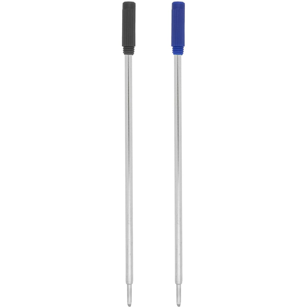 Metal cross-type refills in silver with black and blue plastic caps. Includes two refill options for writing instruments.