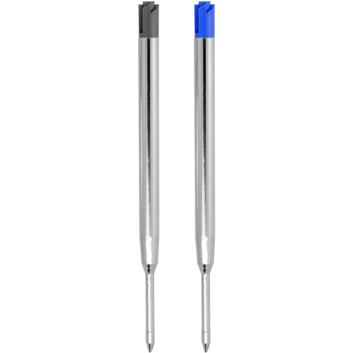 Two metal Parker type refills in silver, one with a black tip and one with a blue tip, each featuring a branding logo.