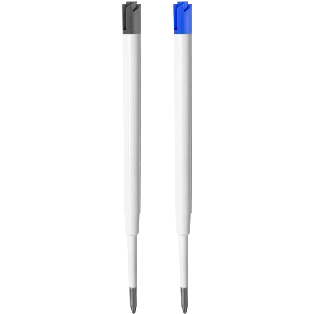 Two plastic pen refills in white, one with a black tip and the other with a blue tip, featuring a logo.