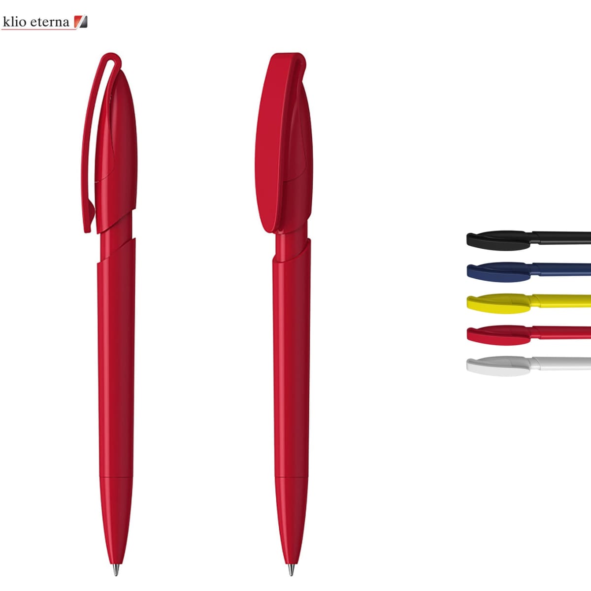 A plastic pen in red with a clip, alongside caps in blue, black, and yellow. The product has a logo.