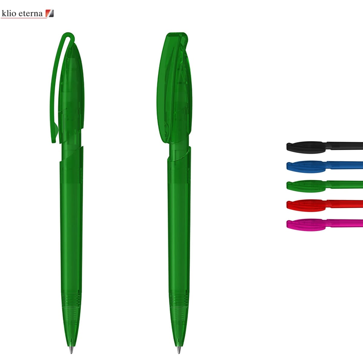 A green plastic pen with a transparent body, alongside other coloured pens in black, blue, pink, and red.