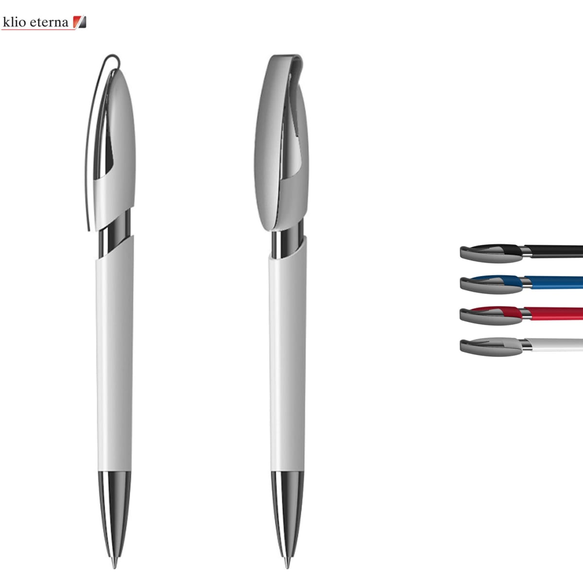 A white plastic pen featuring a chrome clip, alongside additional pens in blue, red, and black. The image includes branding.