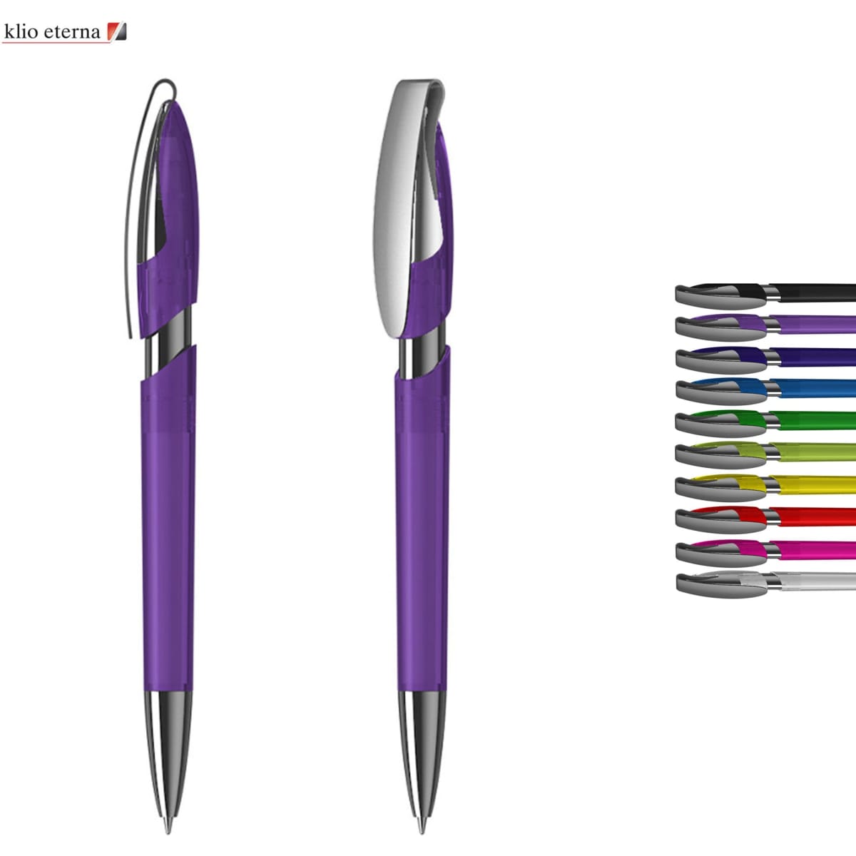 A purple plastic pen with a silver clip, accompanied by a variety of colourful pen options on the right.