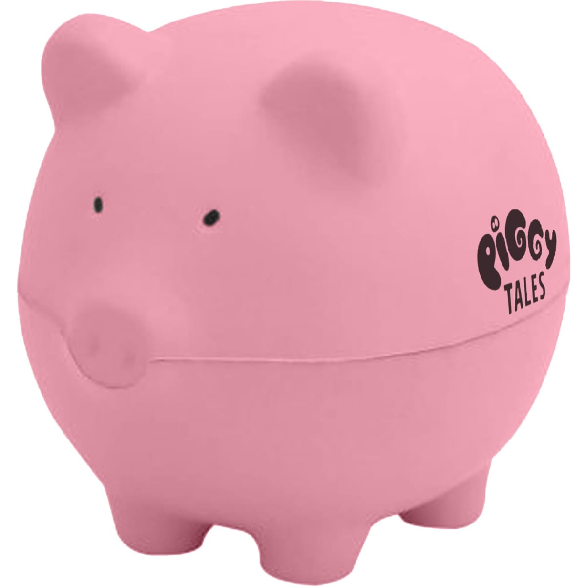 A pink stress-relief pig in a round shape with small ears, a snout, and a logo on the side.
