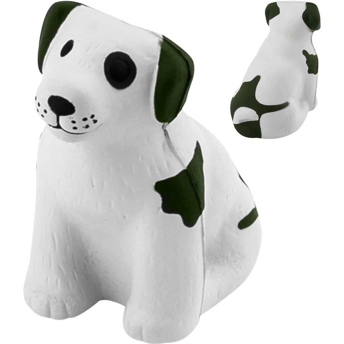 A white and green stress relief dog figurine with a rounded shape and smiling face, featuring black eyes and a spotted pattern.
