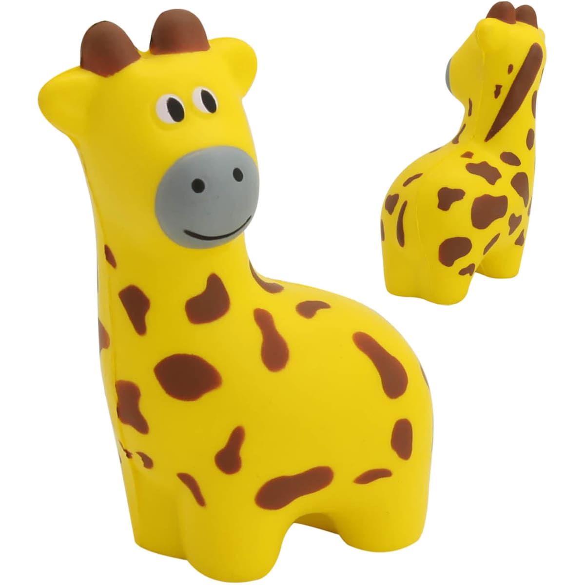 A yellow stress giraffe toy with brown spots and a smiling face, featuring a simplistic design. It has a logo.