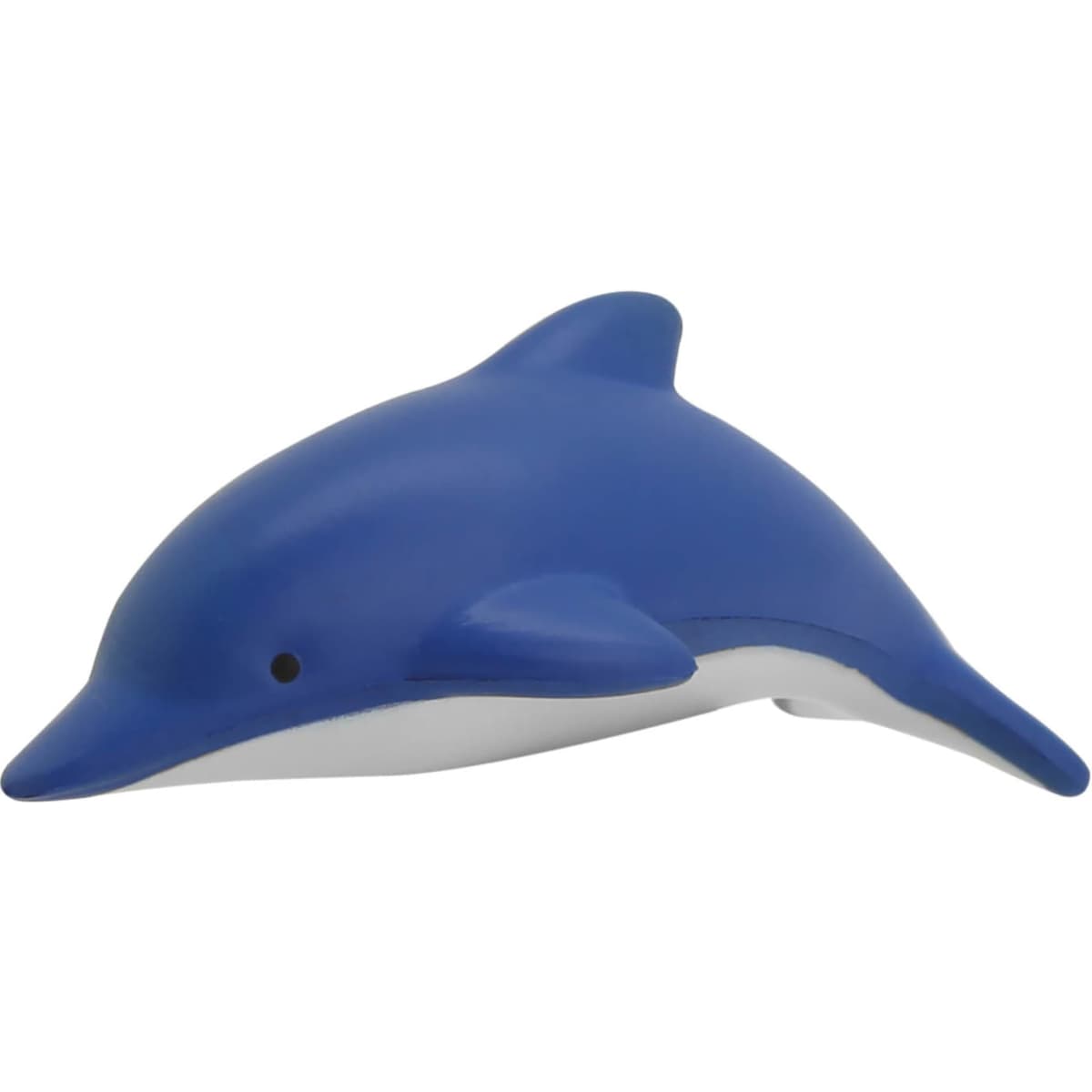 A blue stress dolphin shaped like a dolphin, made of soft material, featuring a white underside and a small black eye.