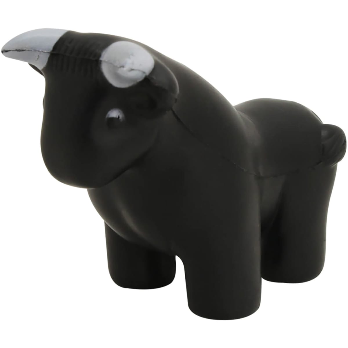 A black stress relief bull figurine with a smooth finish, featuring white accents on the horns.