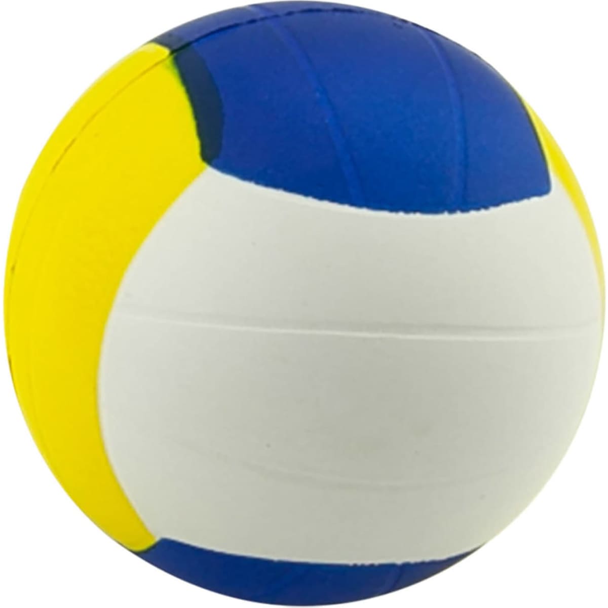 A multi-coloured stress ball featuring blue, yellow, and white segments, shaped like a volleyball. It has a logo.