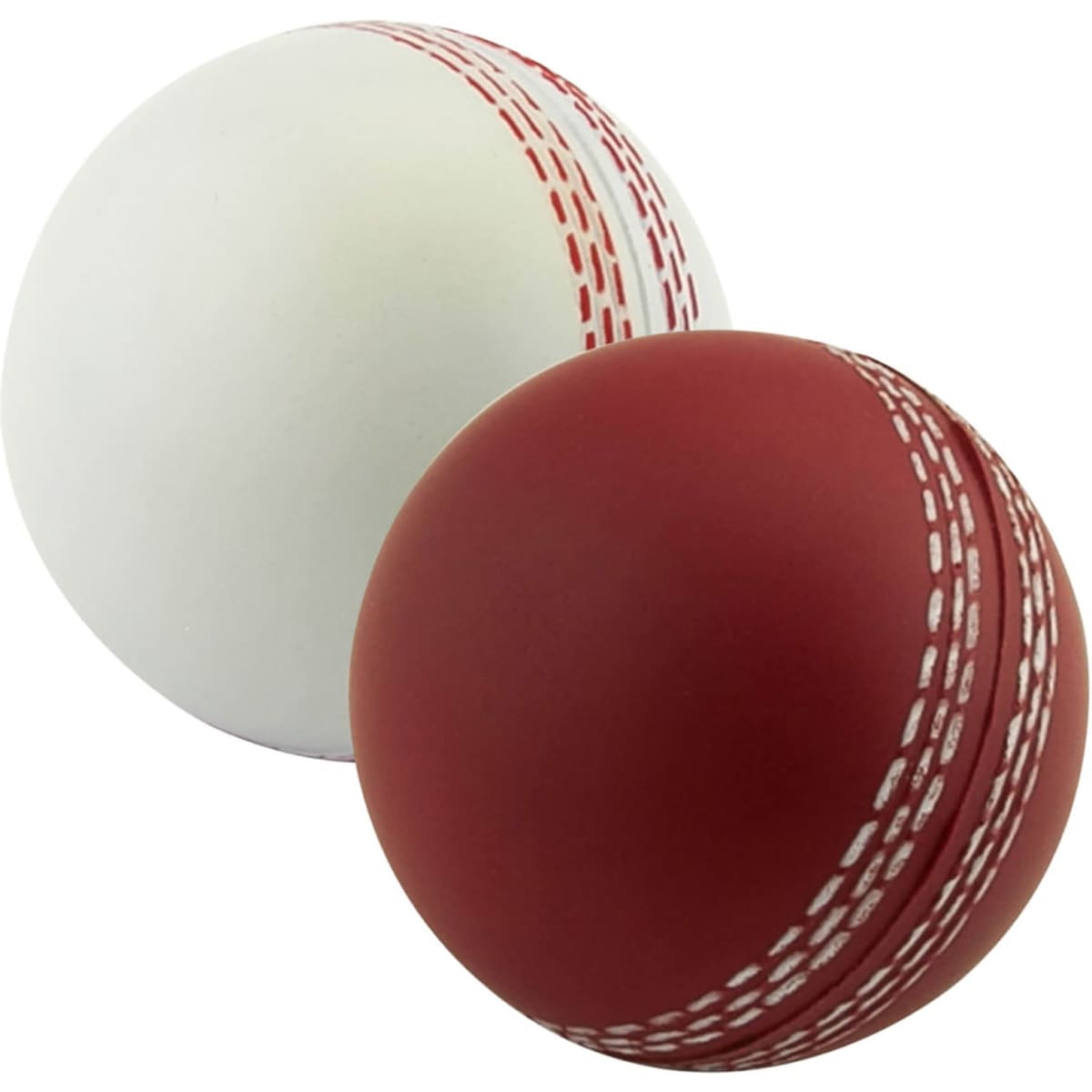 A set of two stress cricket balls, one white and one red, featuring stitched seams and a logo on each ball.