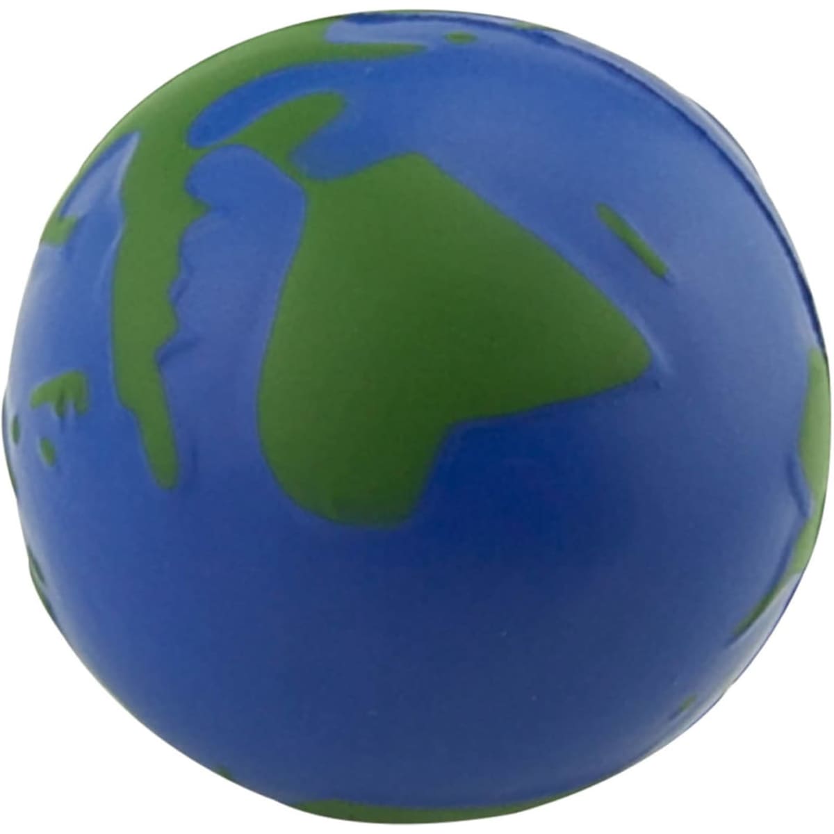 A small stress ball shaped like a globe, featuring blue and green colours to represent Earth. It has a logo on it.