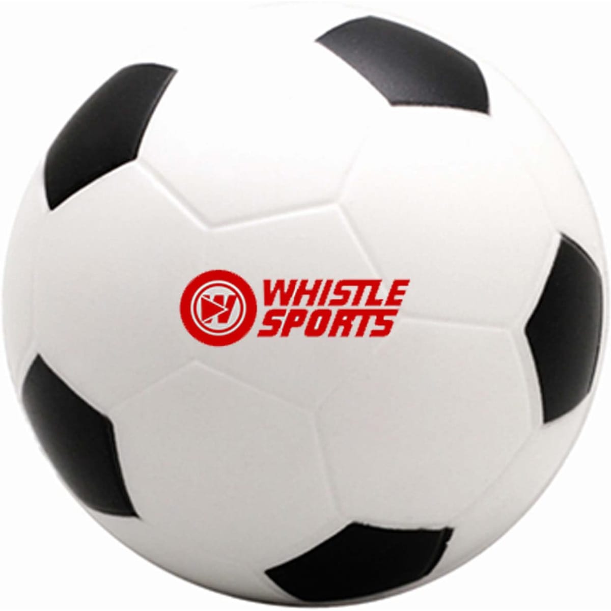 A small white stress soccer ball with black patches and a logo. Ideal for stress relief and fun activities.