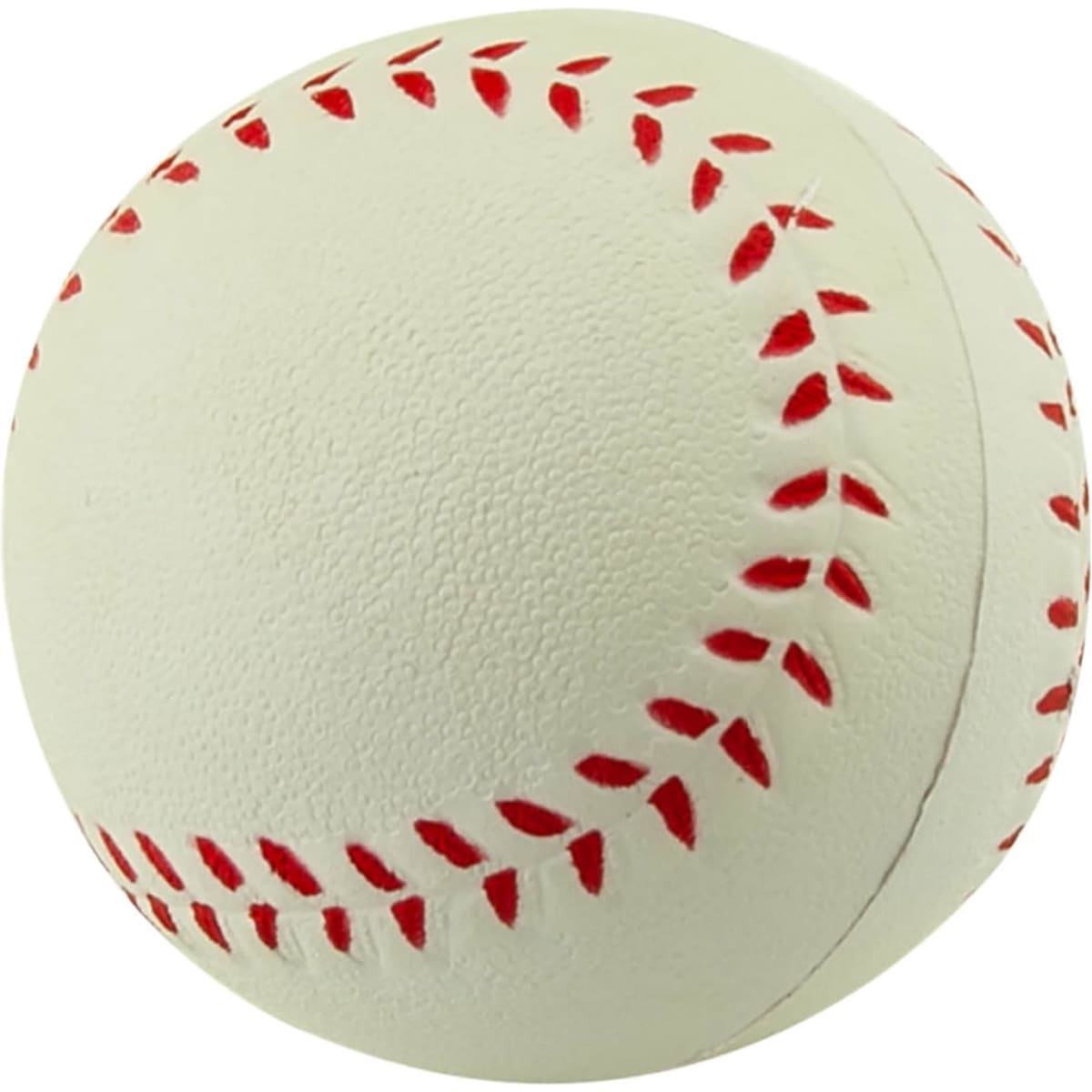 A stress ball resembling a white baseball with red stitching details and a smooth texture.