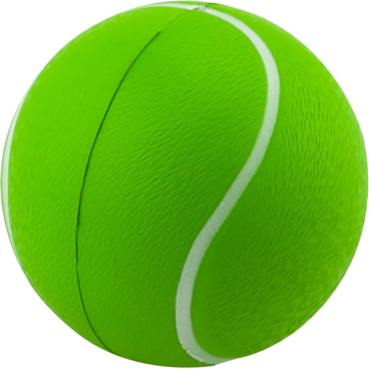 A bright green stress tennis ball with a white seam design, featuring a logo on its surface.