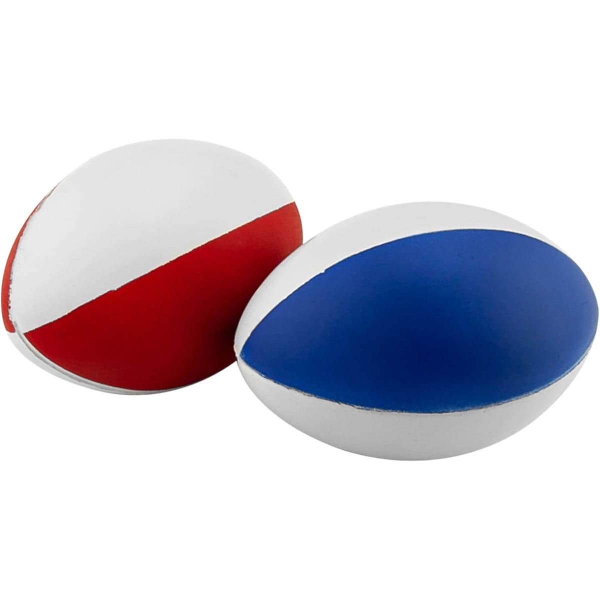 Two stress footballs, one featuring red and white colours and the other in blue and white, with a logo on each.