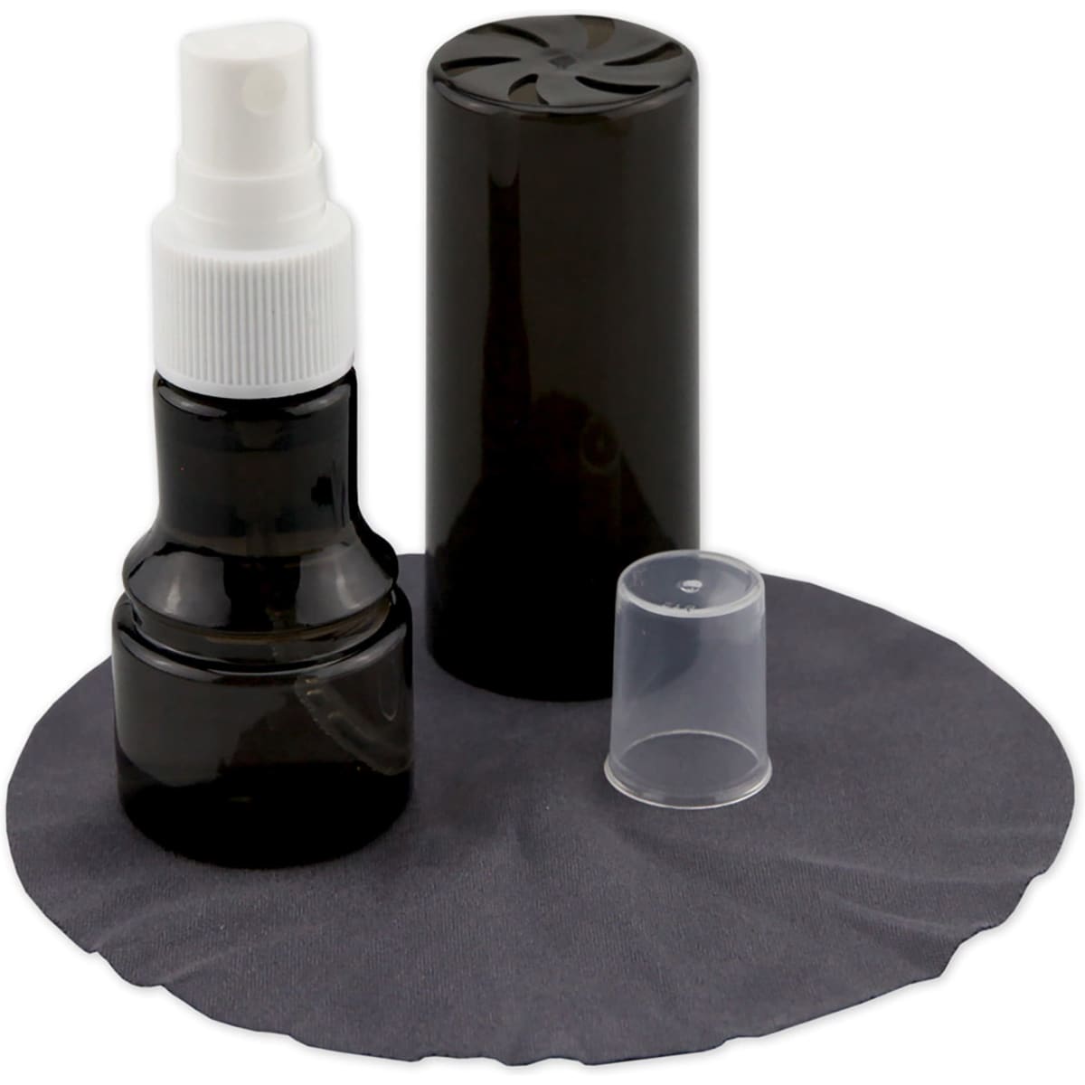 A black spray bottle with a white nozzle, a clear cap, and a black cleaning cloth. The set is for lens and screen cleaning.