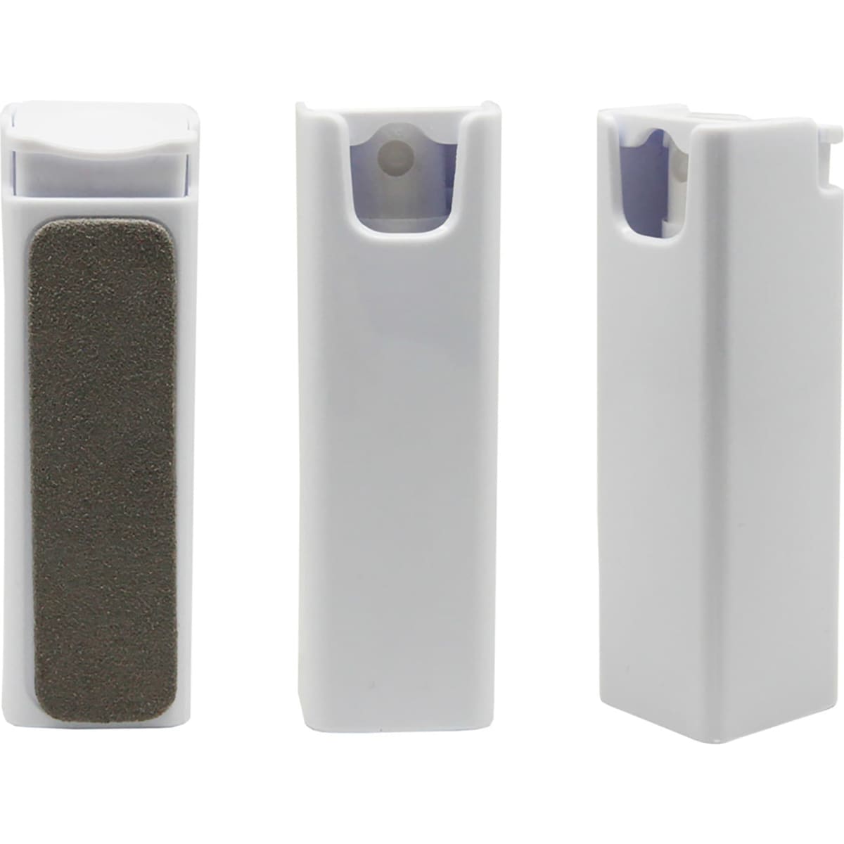 A white spray screen cleaner with a textured cleaning surface, showcasing three angles of the product.