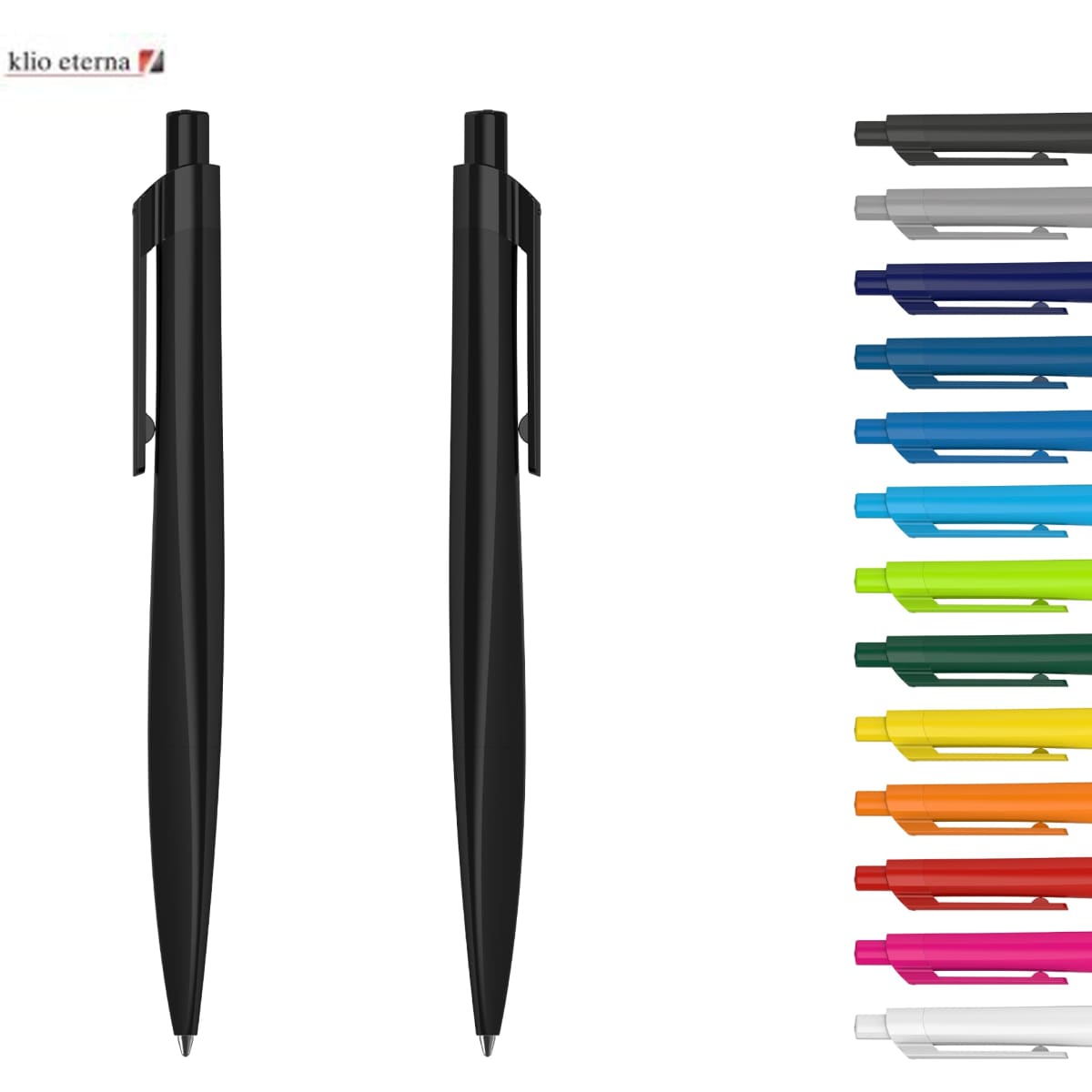 Black plastic pens with a sleek design, accompanied by a range of coloured options displayed on the right.
