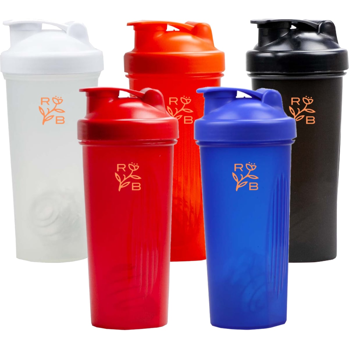 A drink bottle set featuring five protein shakers in white, red, orange, black, and blue, each with a logo.