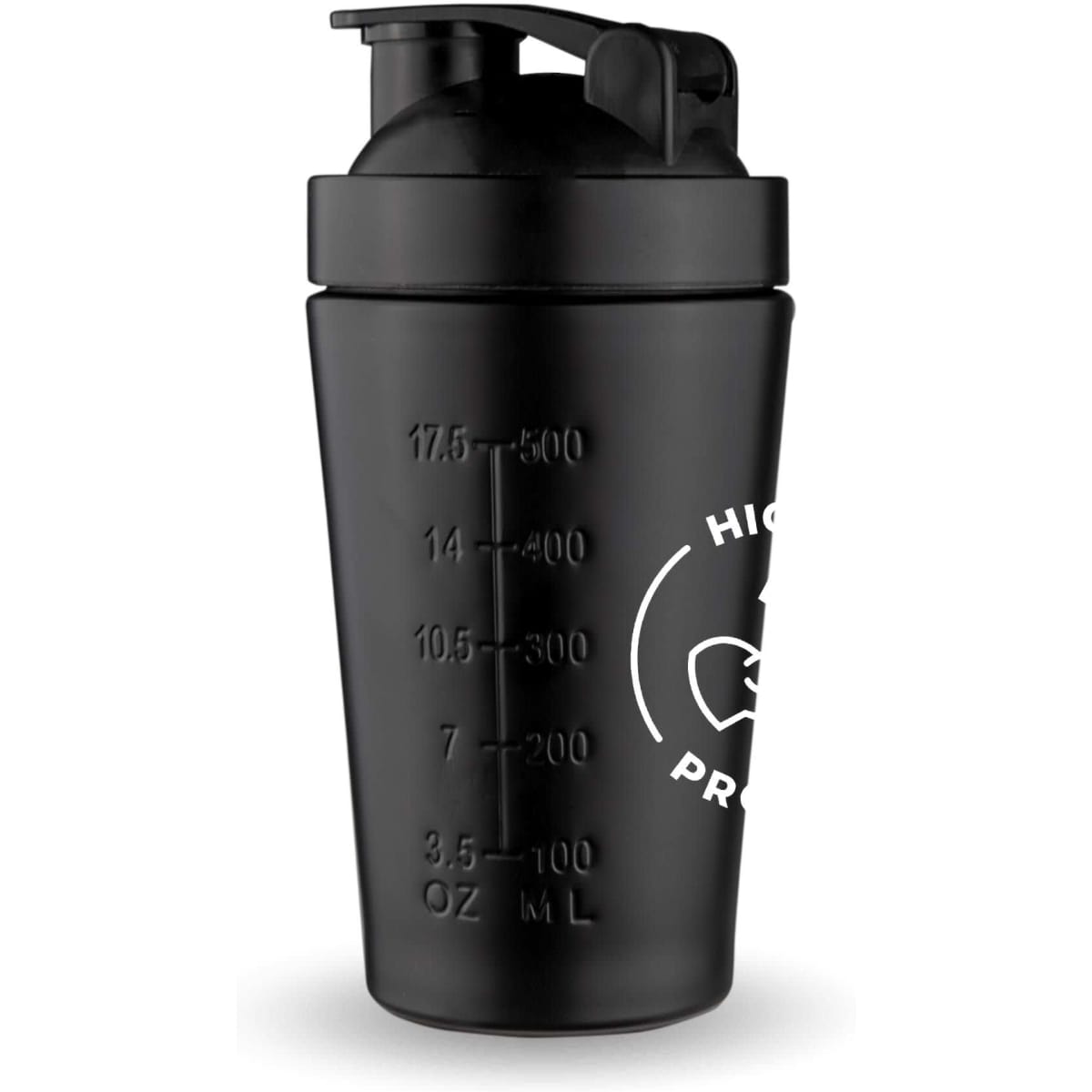 A drink bottle in black with measurement markings and a logo, designed for protein shakes.