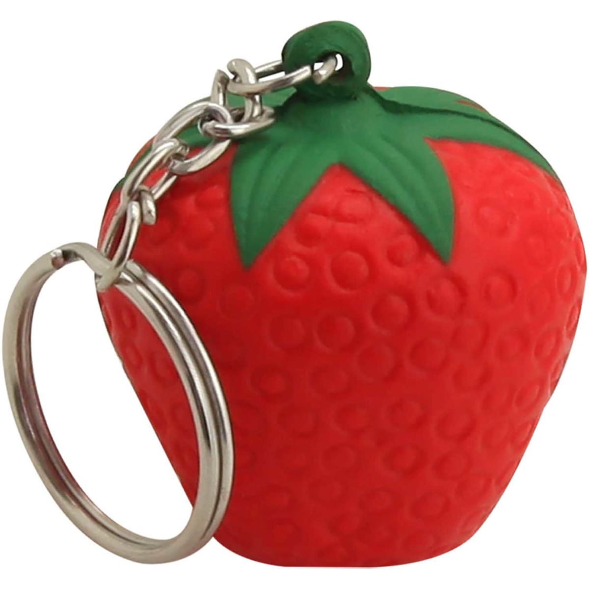 A red strawberry-shaped stress key ring with a green leaf and silver keychain attachment.