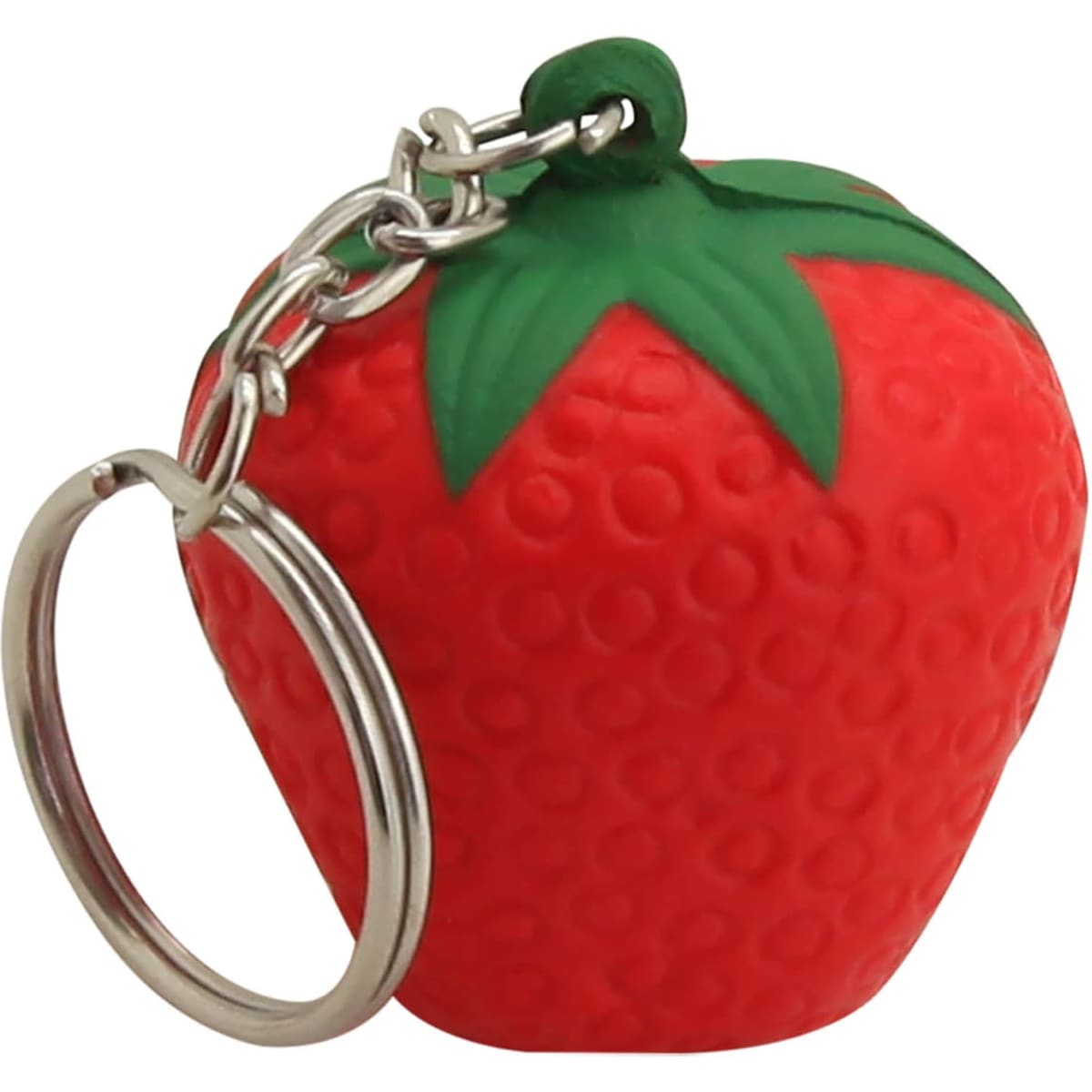 A red strawberry-shaped stress key ring with a green leaf detail and a metal keyring attachment.