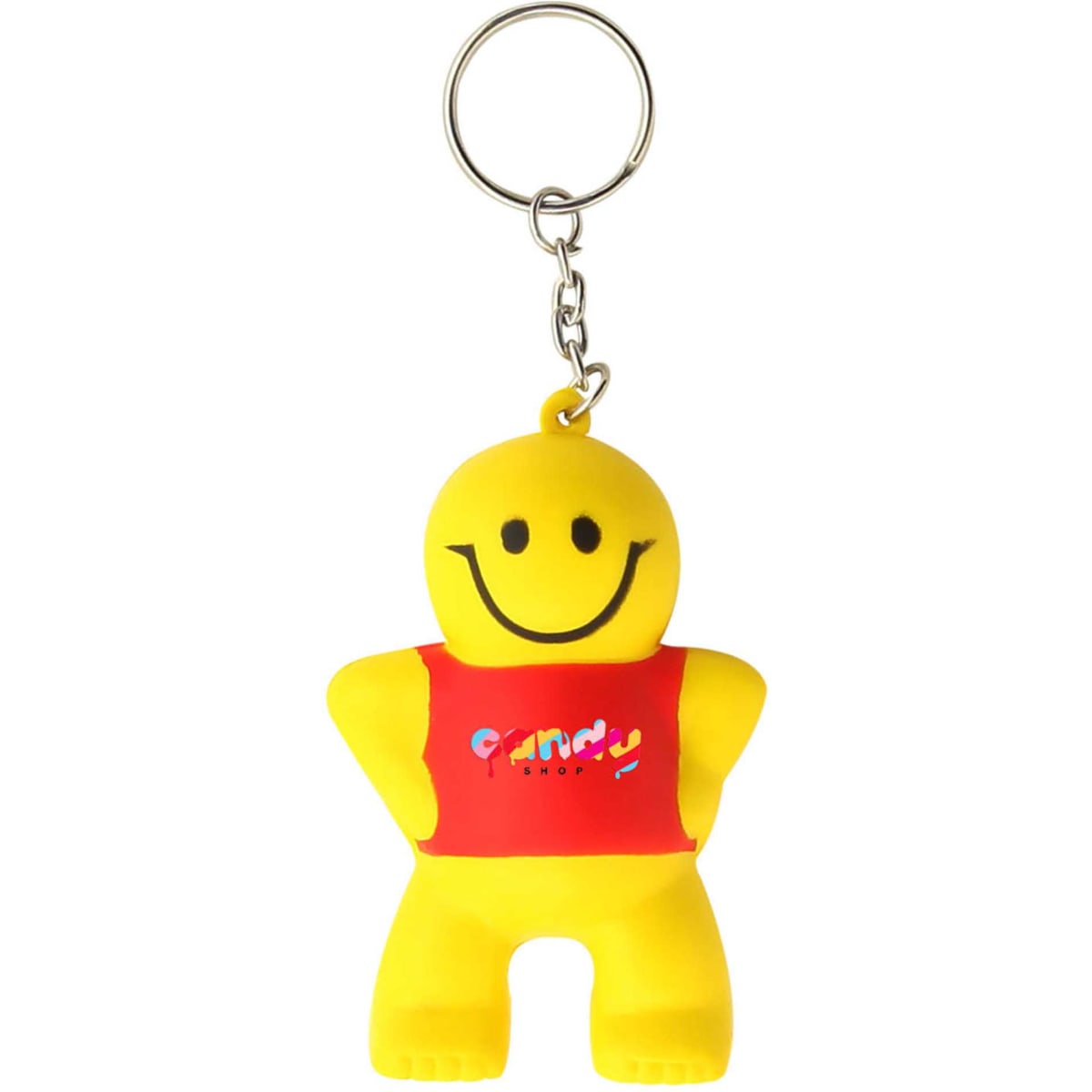 A yellow stress keyring in the shape of a smiling little man, wearing a red shirt and attached to a keychain.