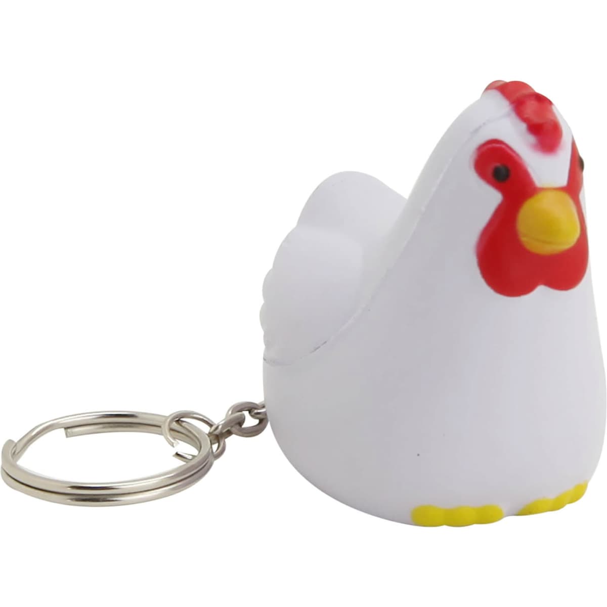 A white stress rooster key ring with a red comb and yellow feet, featuring a metal keychain attachment.