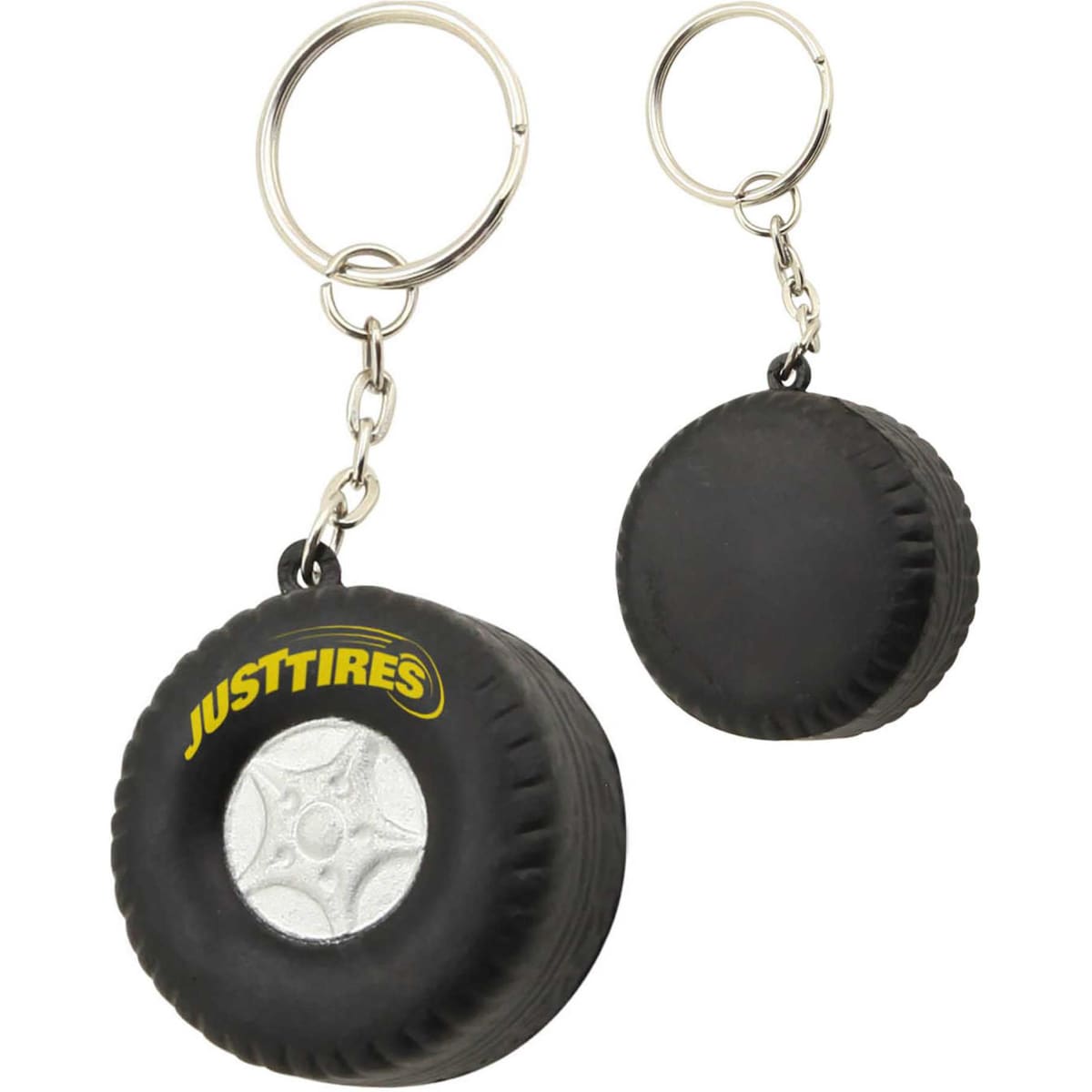A stress tyre key ring in black, shaped like a mini tyre, with a keychain attached. It has a logo on it.