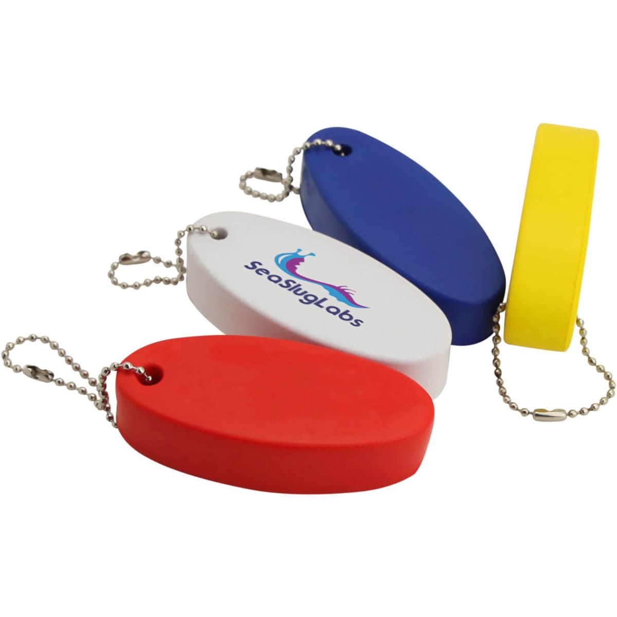 A collection of four floatable key rings in red, blue, white, and yellow, attached with chain links.