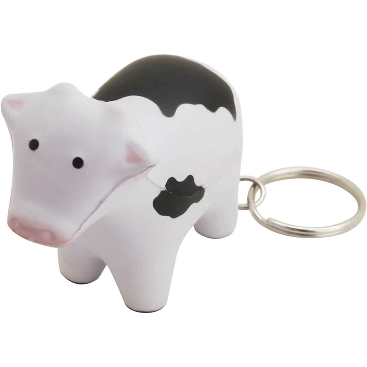 A white and black cow-shaped key ring with a silver keychain attachment.