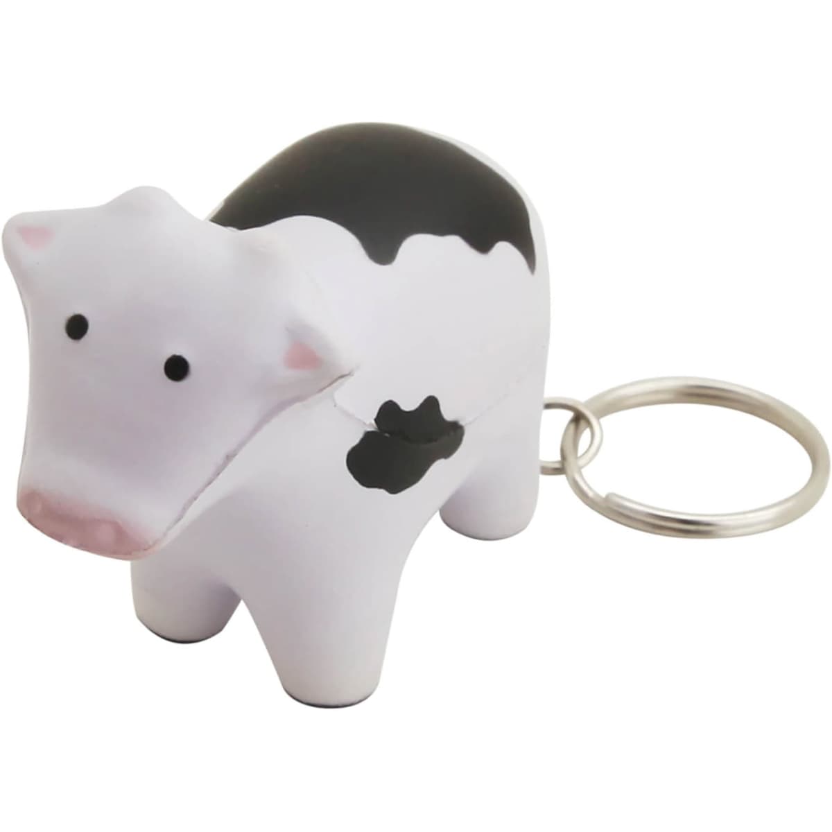A fun black and white stress cow key ring with a metal keychain attached.