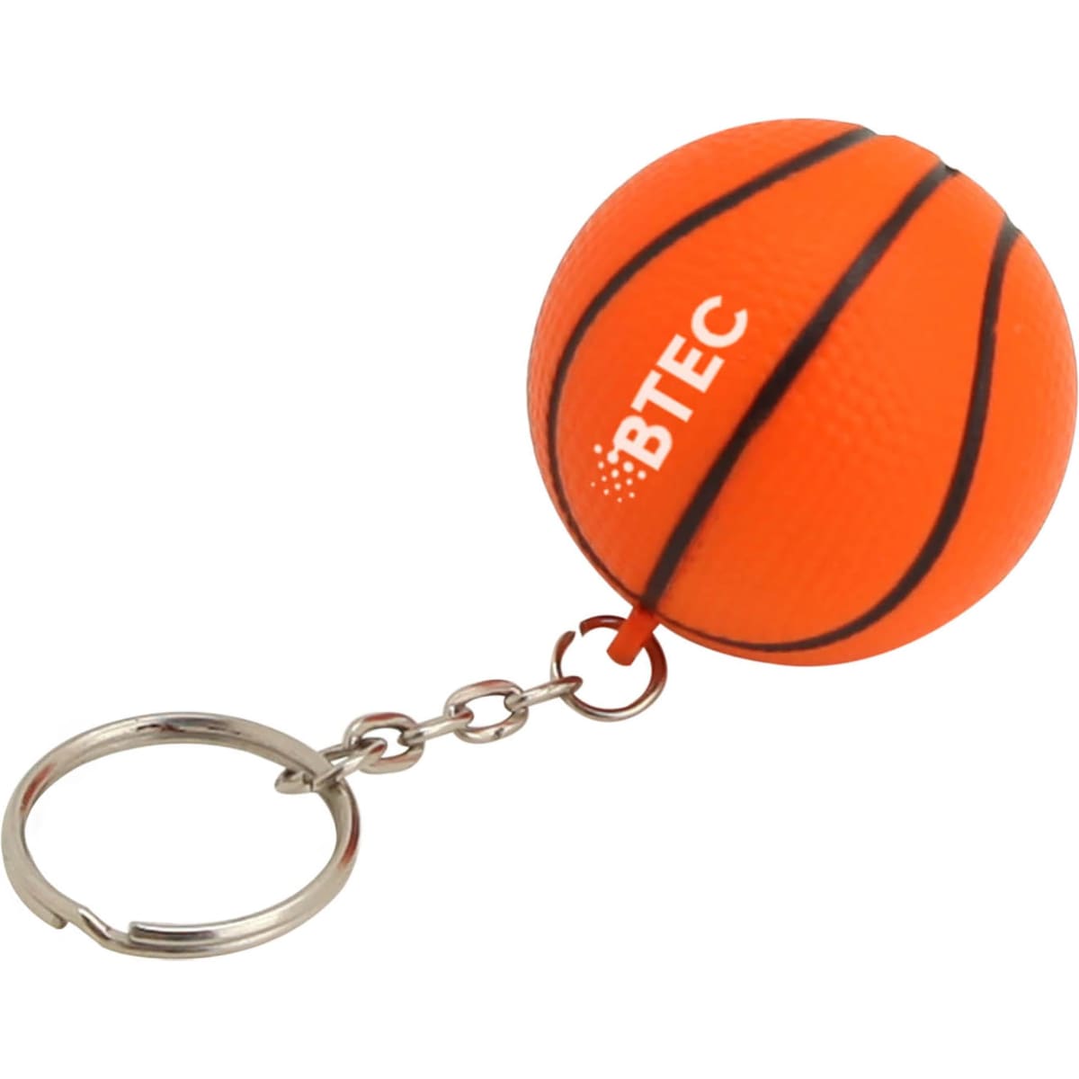 An orange basketball-shaped key ring with black stripes and a small branding logo.