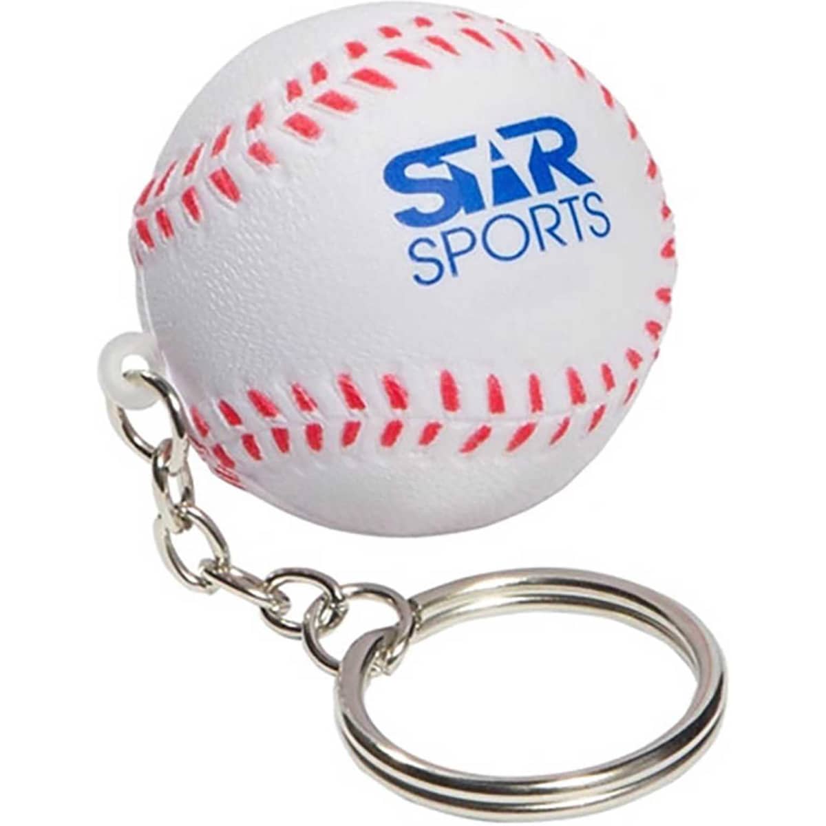 A white stress baseball key ring with red stitching and a branded logo attached to a metal keychain.