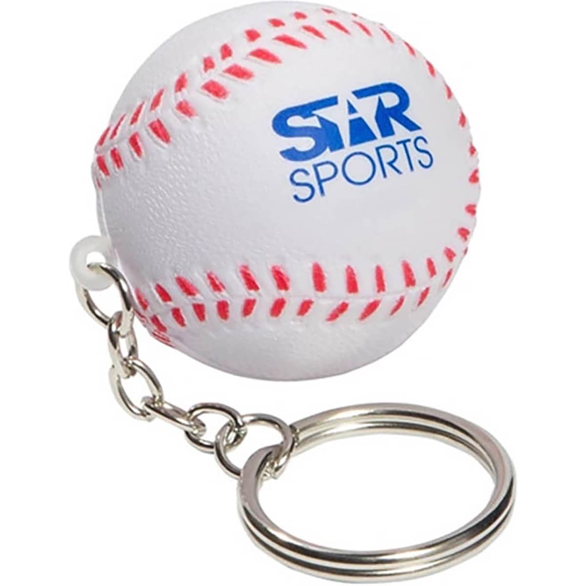 A white stress baseball key ring with red stitching and a keychain attachment, featuring a logo.