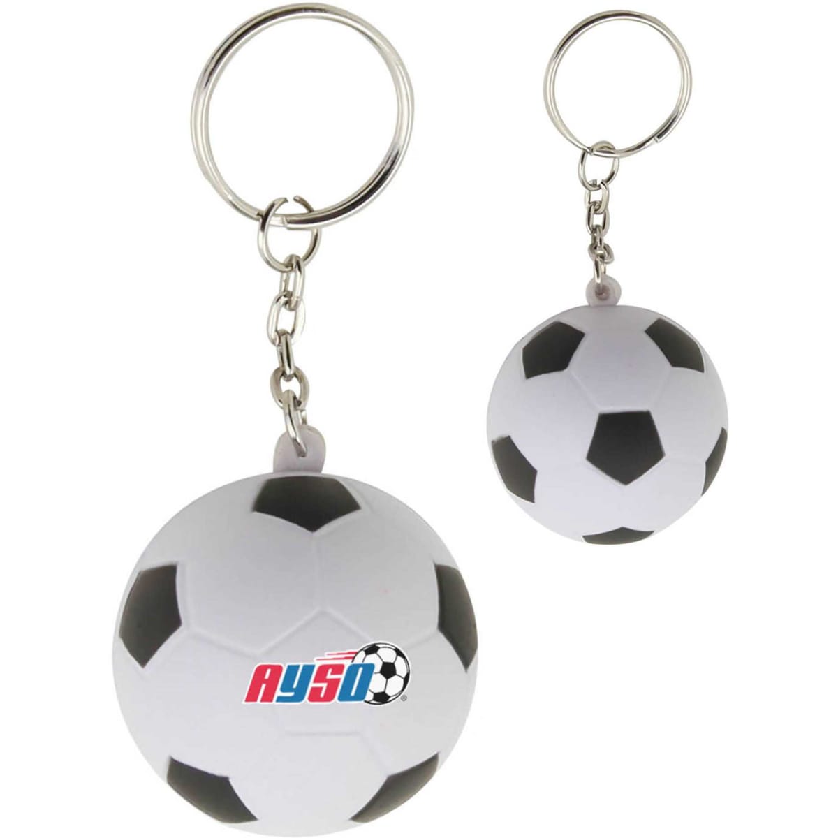 A stress soccer ball key ring in white and black, featuring a logo and a silver metal keychain.