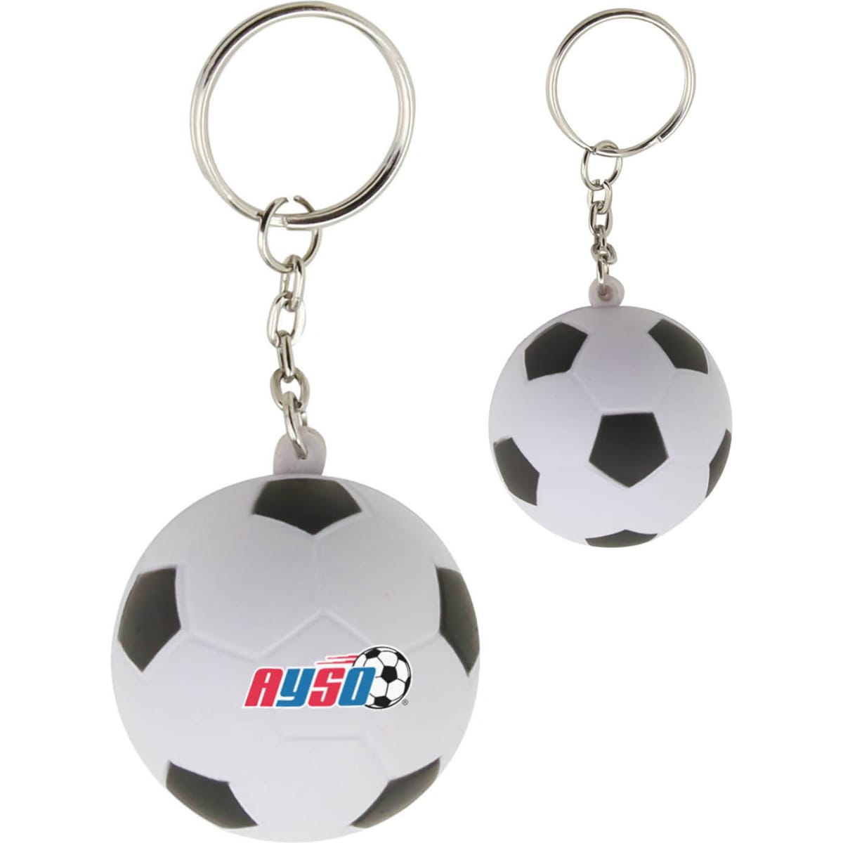 A stress soccer ball key ring in white and black, featuring a logo and attached to a silver keychain.