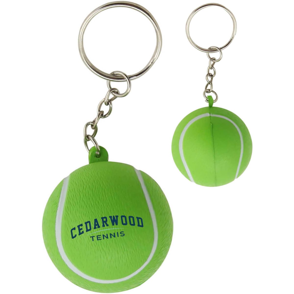 A green tennis ball key ring with a silver chain, featuring a logo on the surface.