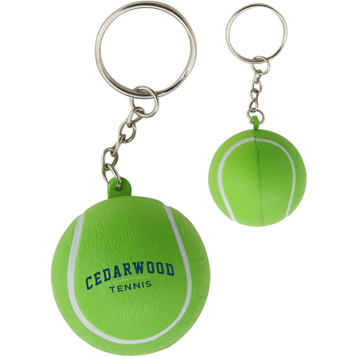 A green tennis ball key ring with white stripes, attached to a metal keychain, featuring a logo.